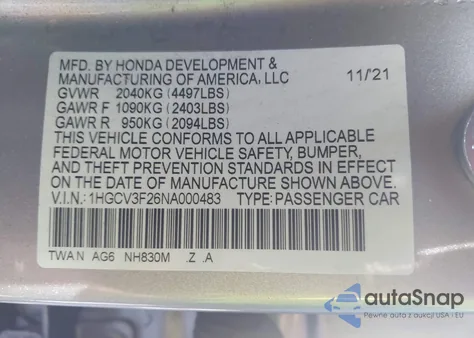 2022 Honda Accord Hybrid Sport from USA, damaged, VIN 1HGCV3F26NA000483